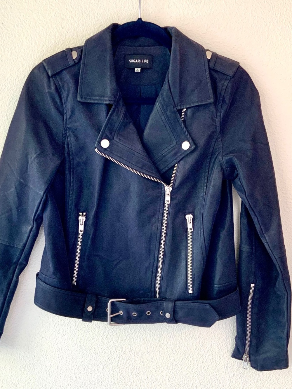 Motorcycle Jacket Sugar Lips Faux Leather Black Belted Buckles Size Small Moto